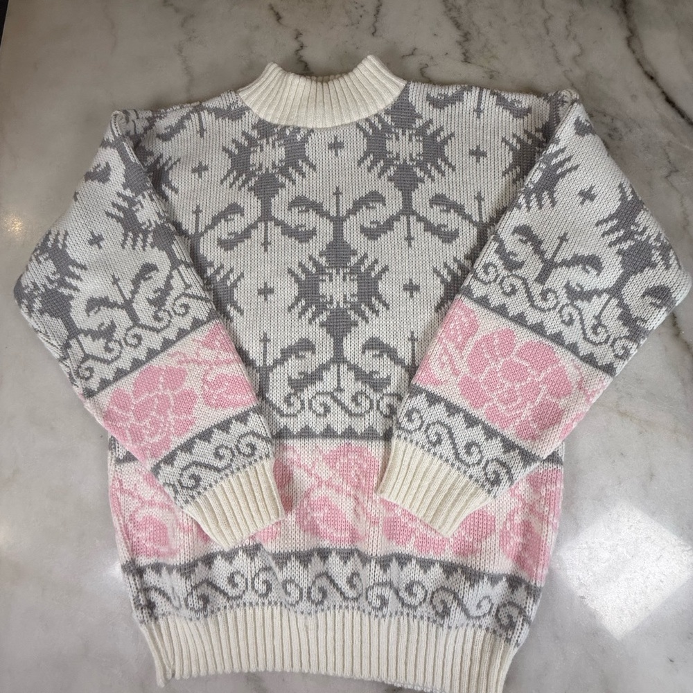 Vtg 80s Jonathan Cass Cottagecore Rose Intarsia Knit Sweater Fair Isle Small